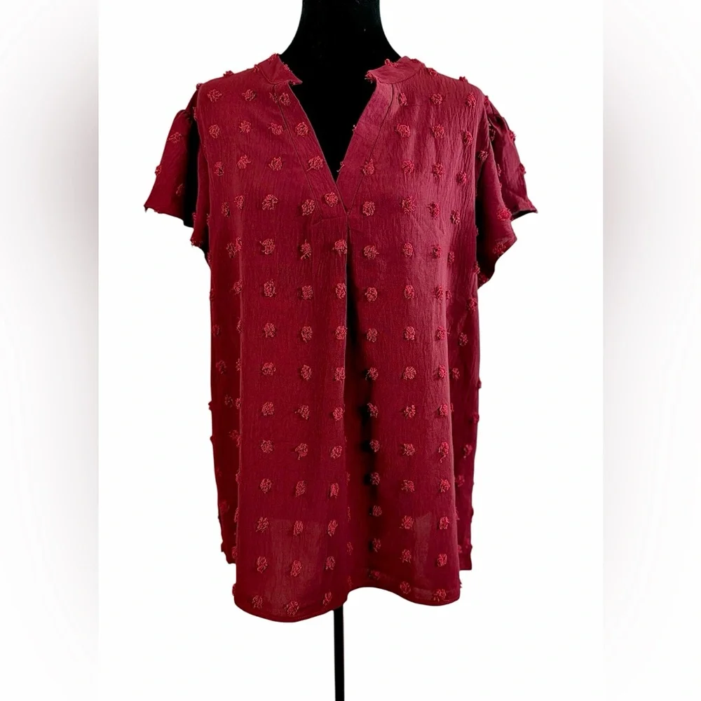 B. Burgundy Fuzzy Dot V-Neck Shirt XL Boho Flutter Sleeve Blouse Size M - Picture 1 of 7